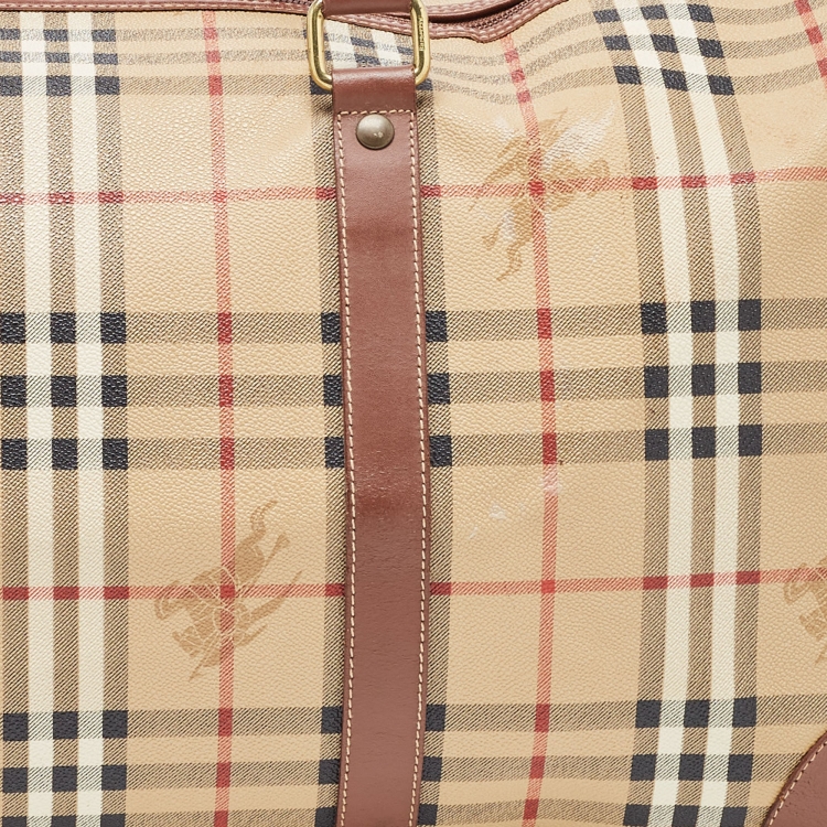 Pre Owned Burberry Brown/Beige Haymarket Coated Canvas and Leather Duffle Bag