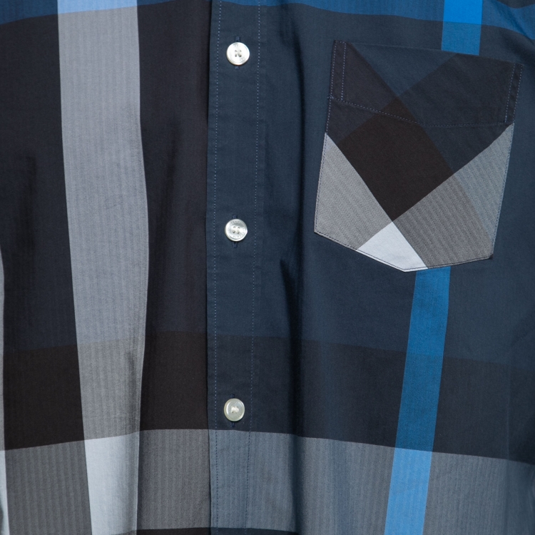 Pre Owned Burberry London Navy Blue Exploded Check Cotton Shirt XL