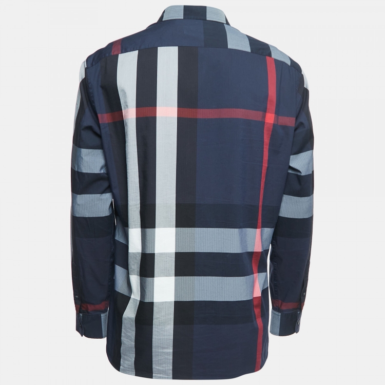 Pre Owned Burberry London Navy Blue Plaid Cotton Button Down Full Sleeve Shirt XL