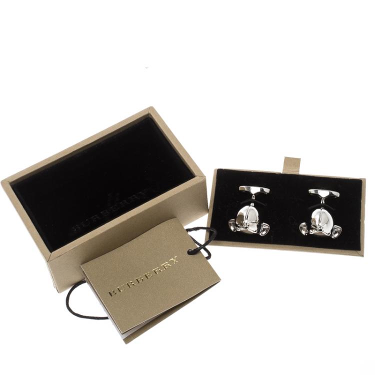 Pre Owned Burberry Teddy Bear Head Silver Tone Cufflinks