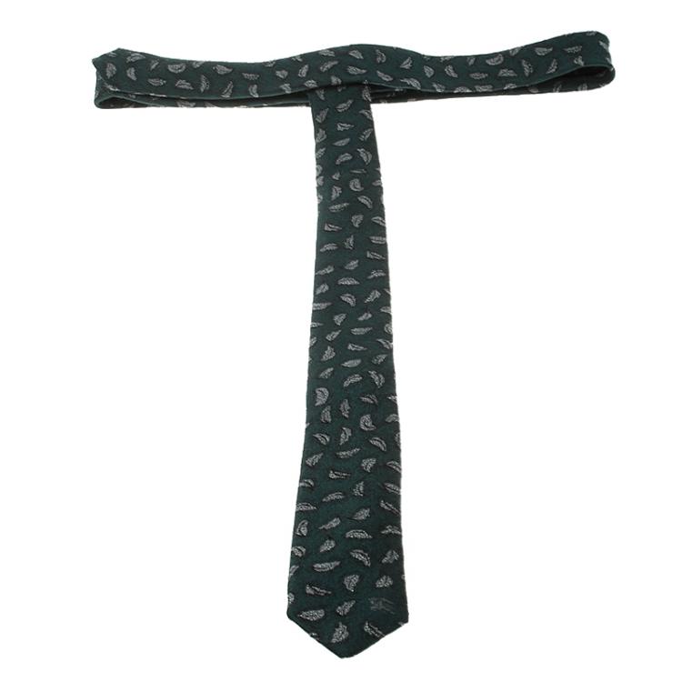 Pre Owned Burberry London Green Embroidered Leaf Motif Stanfield Skinny Tie