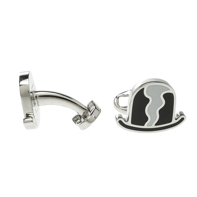 Pre Owned Burberry Black & White Enamel Silver Tone Cufflinks