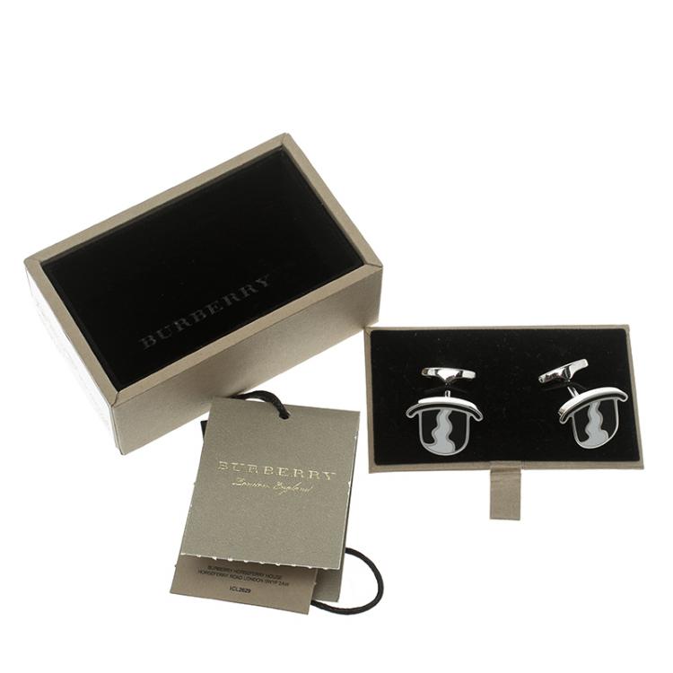 Pre Owned Burberry Black & White Enamel Silver Tone Cufflinks