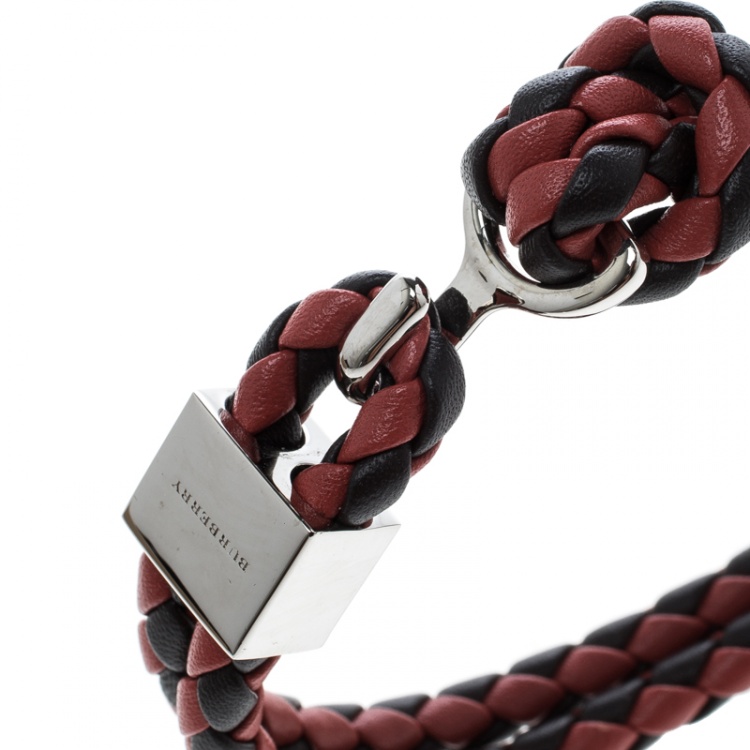 Pre Owned Burberry Two Tone Braided Leather Silver Tone Bracelet