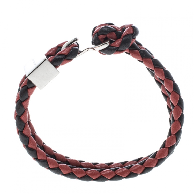 Pre Owned Burberry Two Tone Braided Leather Silver Tone Bracelet
