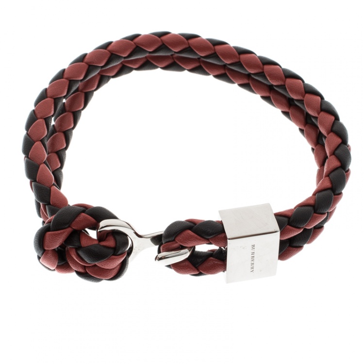 Pre Owned Burberry Two Tone Braided Leather Silver Tone Bracelet