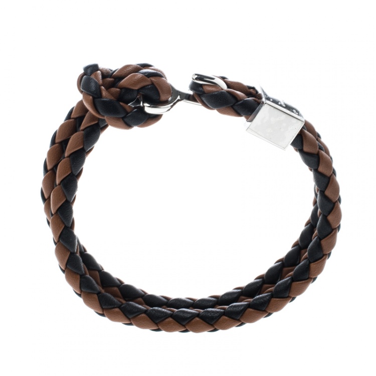 Pre Owned Burberry Brown & Black Braided Leather Silver Tone Bracelet 18cm