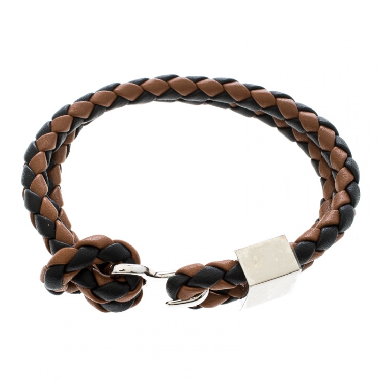 Pre Owned Burberry Brown & Black Braided Leather Silver Tone Bracelet 18cm