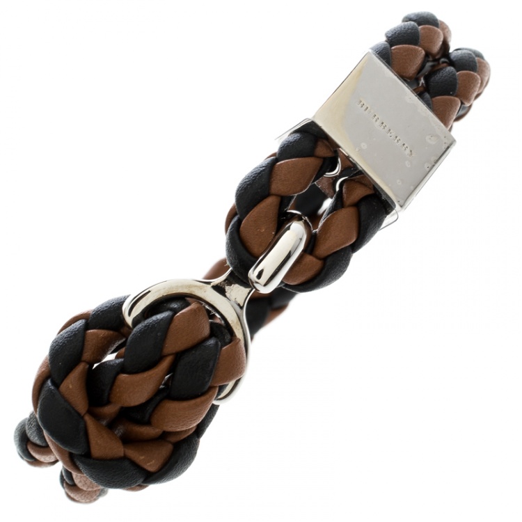 Pre Owned Burberry Brown & Black Braided Leather Silver Tone Bracelet 18cm