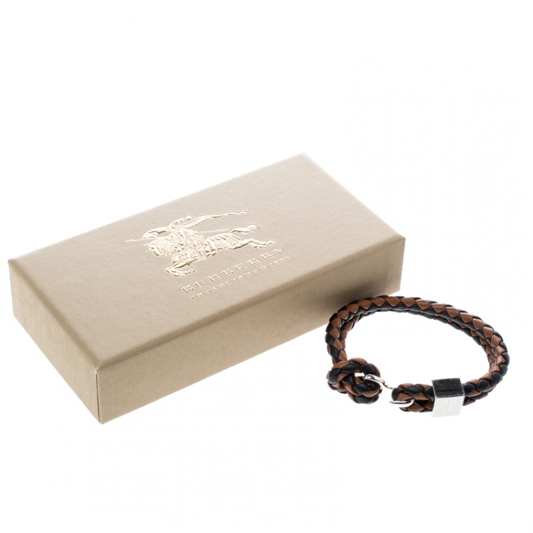 Pre Owned Burberry Brown & Black Braided Leather Silver Tone Bracelet 18cm