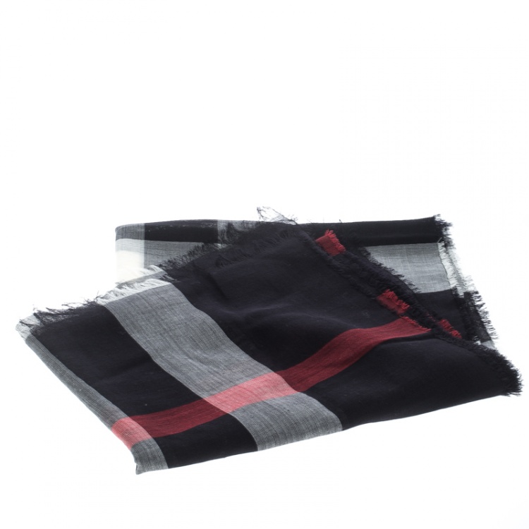 Pre Owned Burberry Navy Blue Wool and Silk Checked Fringed Edge Gauze Scarf