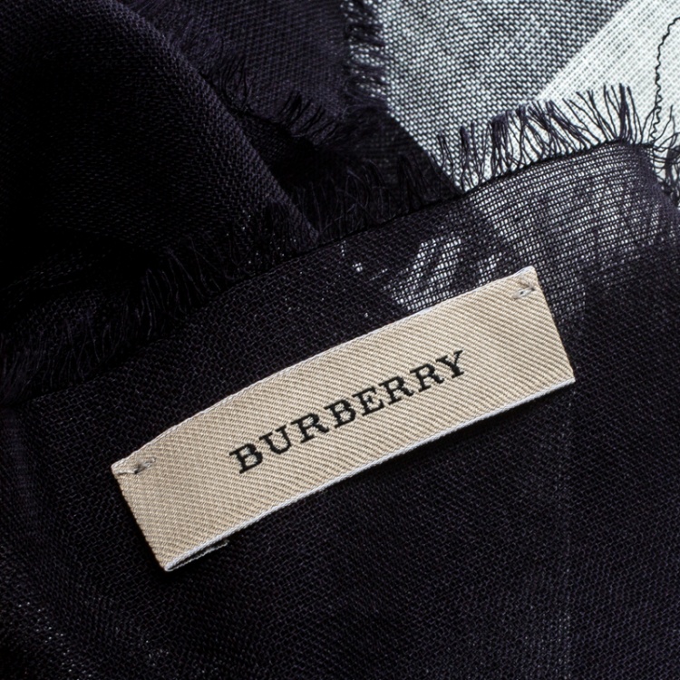 Pre Owned Burberry Navy Blue Wool and Silk Checked Fringed Edge Gauze Scarf