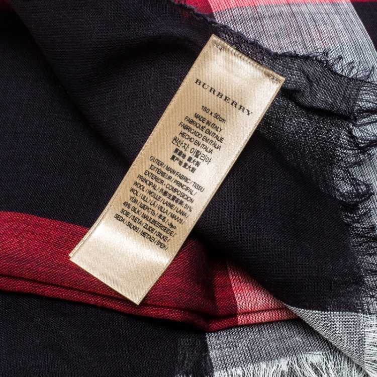 Pre Owned Burberry Navy Blue Wool and Silk Checked Fringed Edge Gauze Scarf