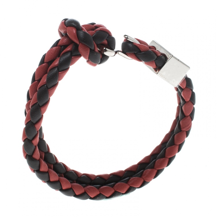 Pre Owned Burberry Two Tone Braided Leather Silver Tone Bracelet