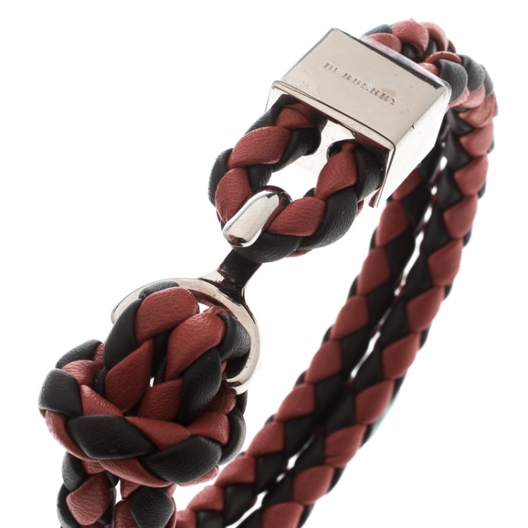 Pre Owned Burberry Two Tone Braided Leather Silver Tone Bracelet