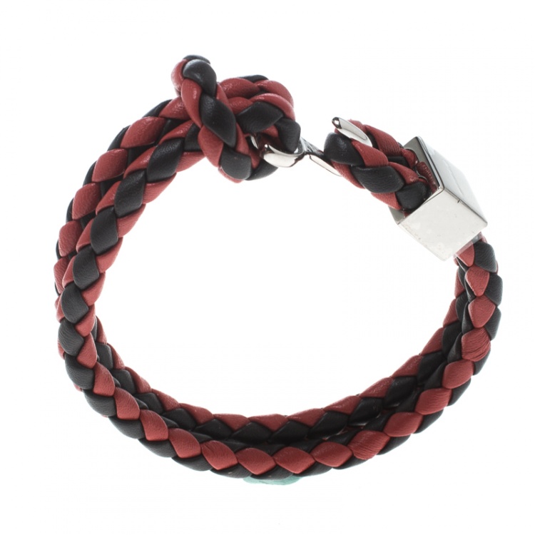 Pre Owned Burberry Two Tone Braided Leather Silver Tone Bracelet