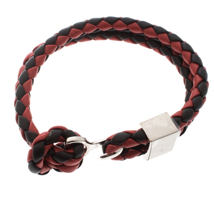 Pre Owned Burberry Two Tone Braided Leather Silver Tone Bracelet