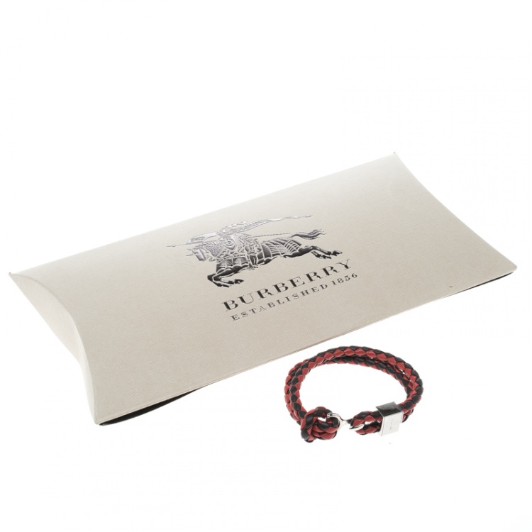 Pre Owned Burberry Two Tone Braided Leather Silver Tone Bracelet