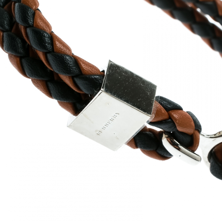 Pre Owned Burberry Two Tone Braided Leather Silver Tone Bracelet