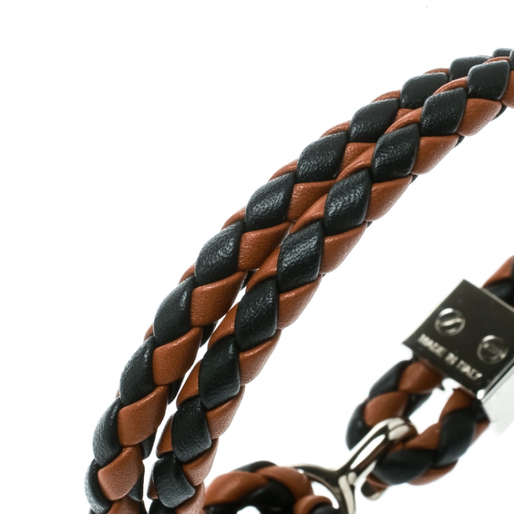 Pre Owned Burberry Two Tone Braided Leather Silver Tone Bracelet