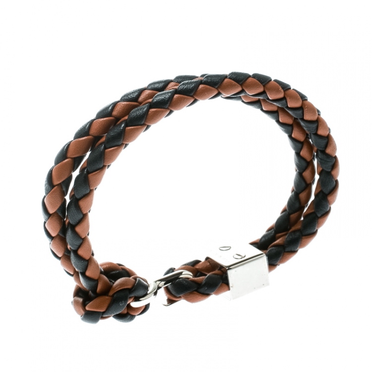 Pre Owned Burberry Two Tone Braided Leather Silver Tone Bracelet