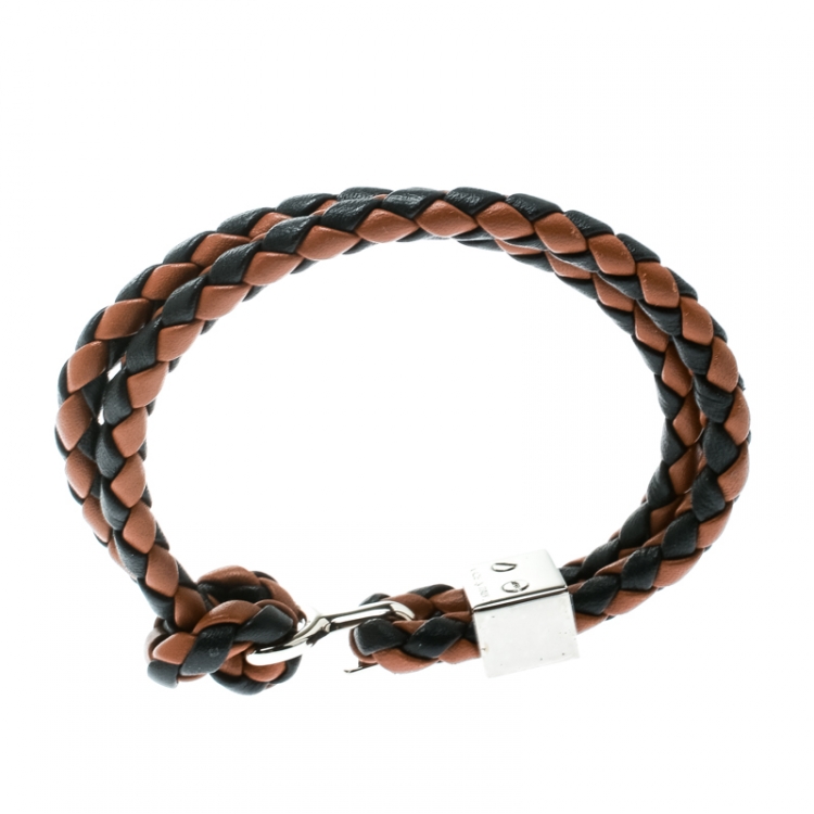 Pre Owned Burberry Two Tone Braided Leather Silver Tone Bracelet