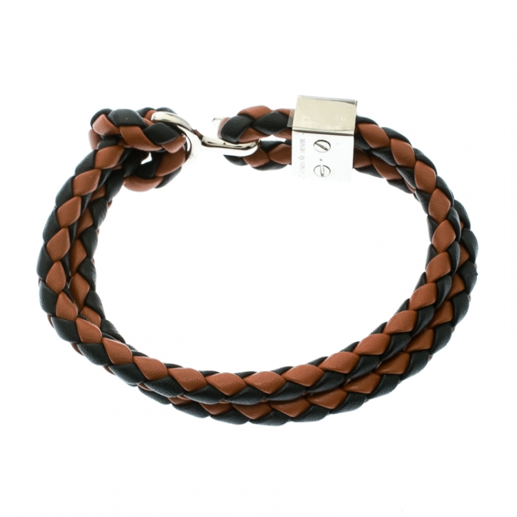 Pre Owned Burberry Two Tone Braided Leather Silver Tone Bracelet