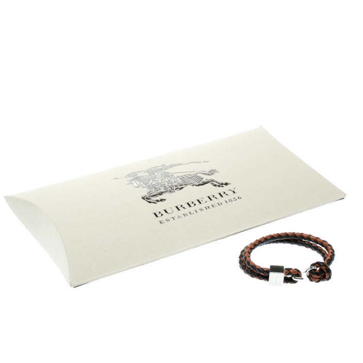 Pre Owned Burberry Two Tone Braided Leather Silver Tone Bracelet