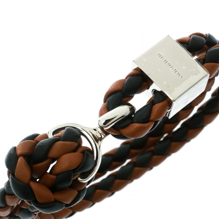 مملوكة مسبقًا Burberry Two Tone Braided Leather Silver Tone Bracelet
