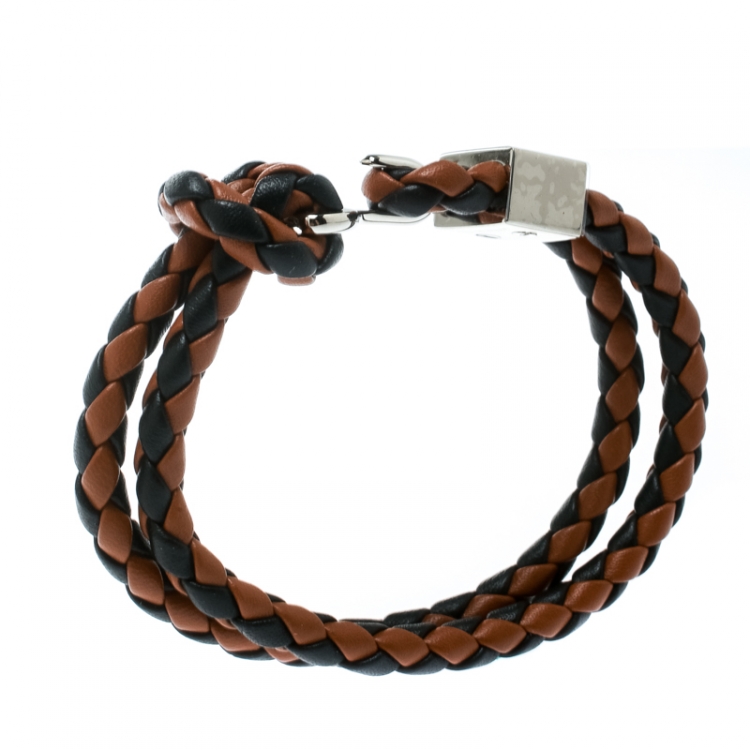 مملوكة مسبقًا Burberry Two Tone Braided Leather Silver Tone Bracelet