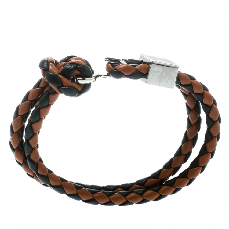 مملوكة مسبقًا Burberry Two Tone Braided Leather Silver Tone Bracelet