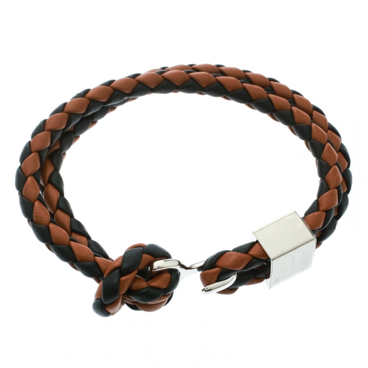 مملوكة مسبقًا Burberry Two Tone Braided Leather Silver Tone Bracelet