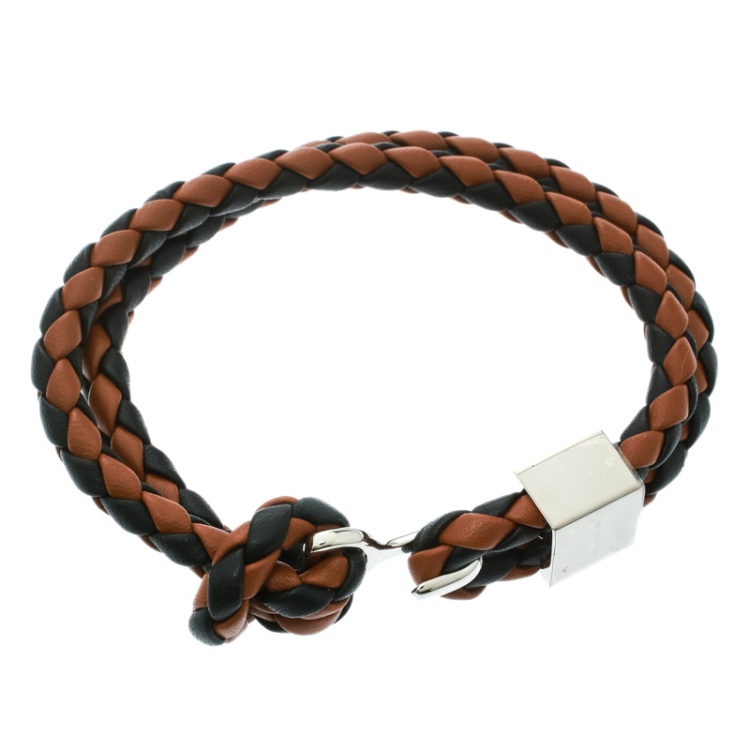 Pre Owned Burberry Two Tone Braided Leather Silver Tone Bracelet