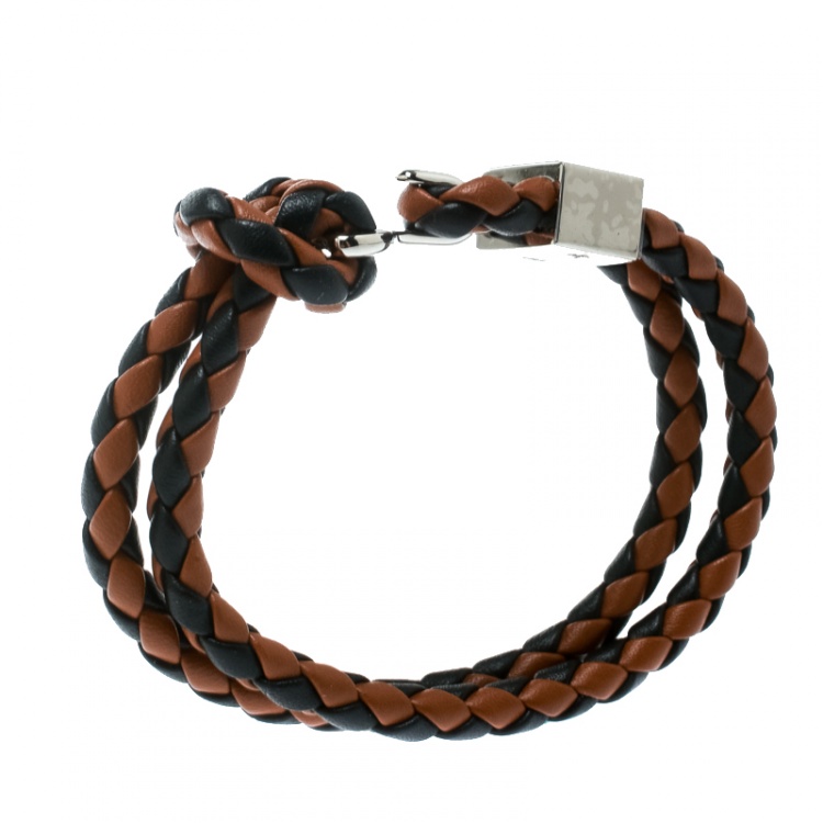 Burberry Two Tone Braided Leather Silver Tone Bracelet