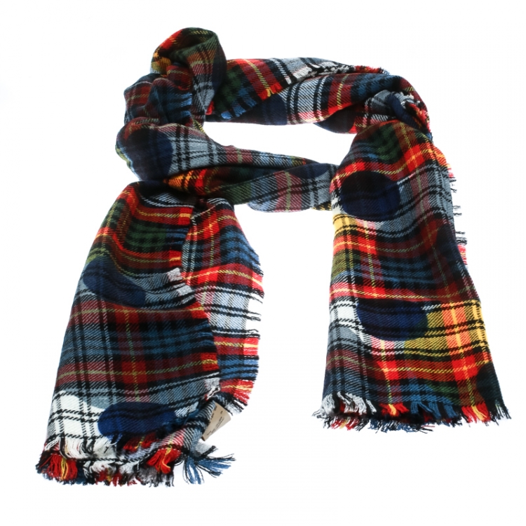 Pre Owned Burberry Multicolor Wool Tartan Plaid Polka Dotted Fringed Edge Muffler