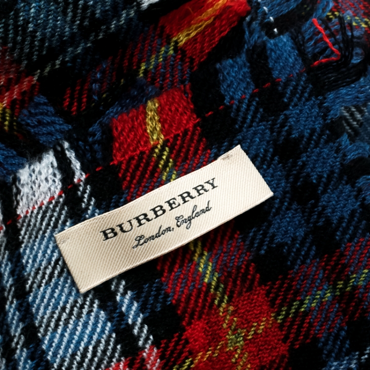 Pre Owned Burberry Multicolor Wool Tartan Plaid Polka Dotted Fringed Edge Muffler