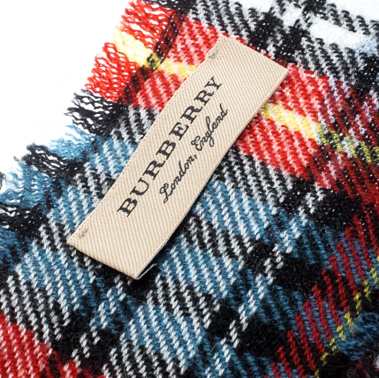 Pre Owned Burberry Multicolor Wool Tartan Plaid Polka Dotted Fringed Edge Muffler