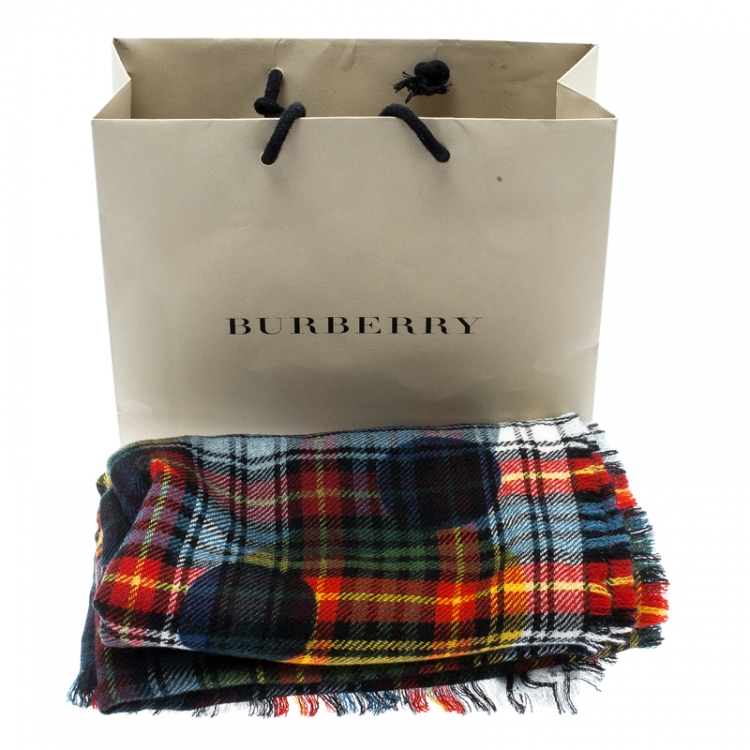 Pre Owned Burberry Multicolor Wool Tartan Plaid Polka Dotted Fringed Edge Muffler