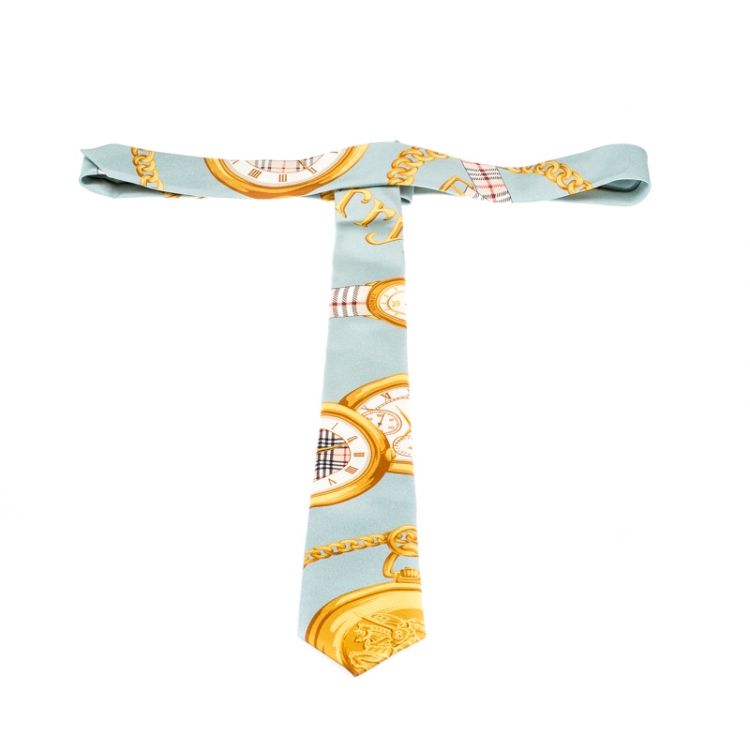 Pre Owned Burberry London Blue Archive Timepieces Print Silk Slim Tie