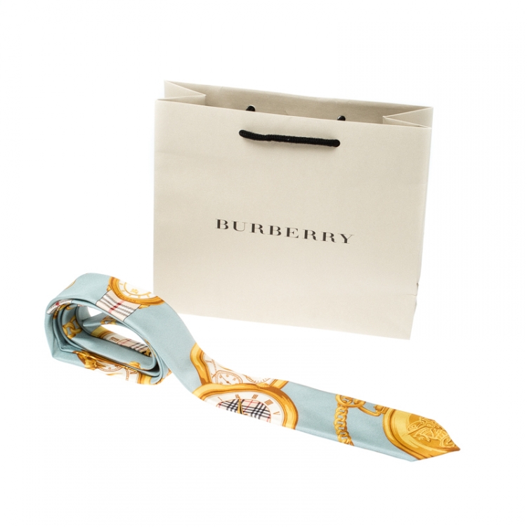 Pre Owned Burberry London Blue Archive Timepieces Print Silk Slim Tie