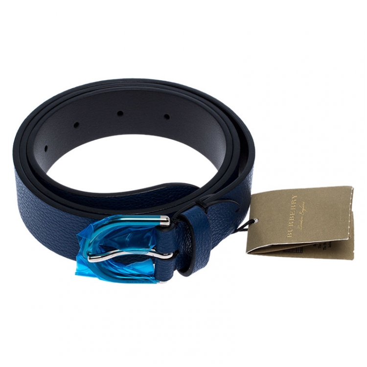 Pre Owned Burberry Blue Leather Alex Buckle Belt 85CM