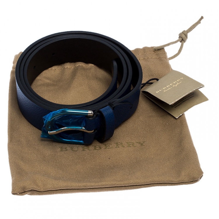 Pre Owned Burberry Blue Leather Alex Buckle Belt 85CM