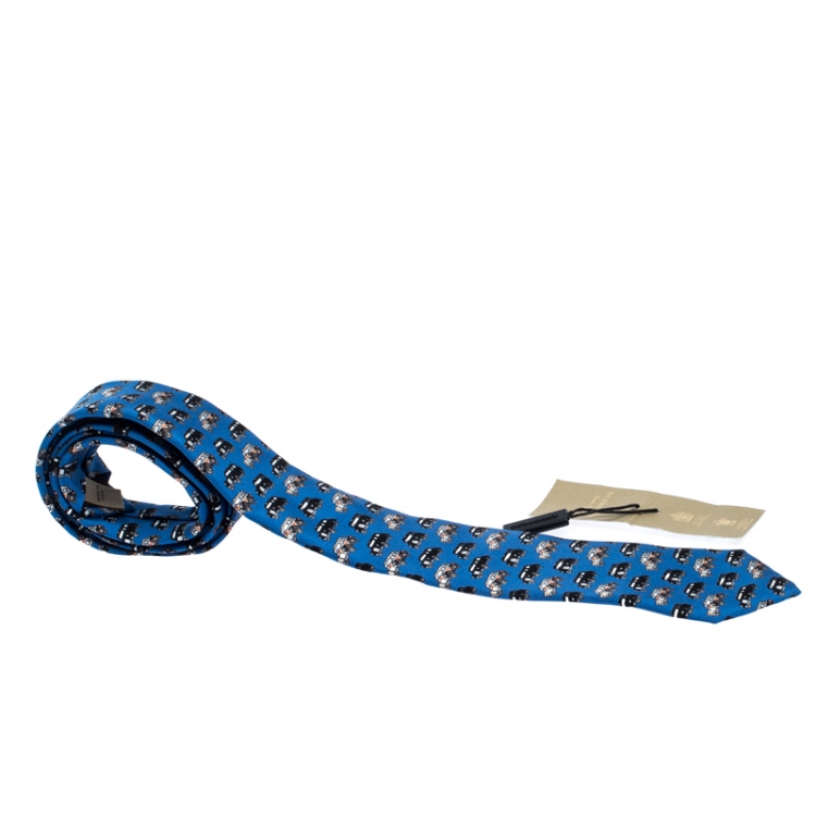 Pre Owned Burberry Hydrangea Blue Vintage Cars Print Silk Narrow Tie