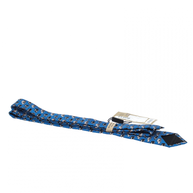 Pre Owned Burberry Hydrangea Blue Vintage Cars Print Silk Narrow Tie