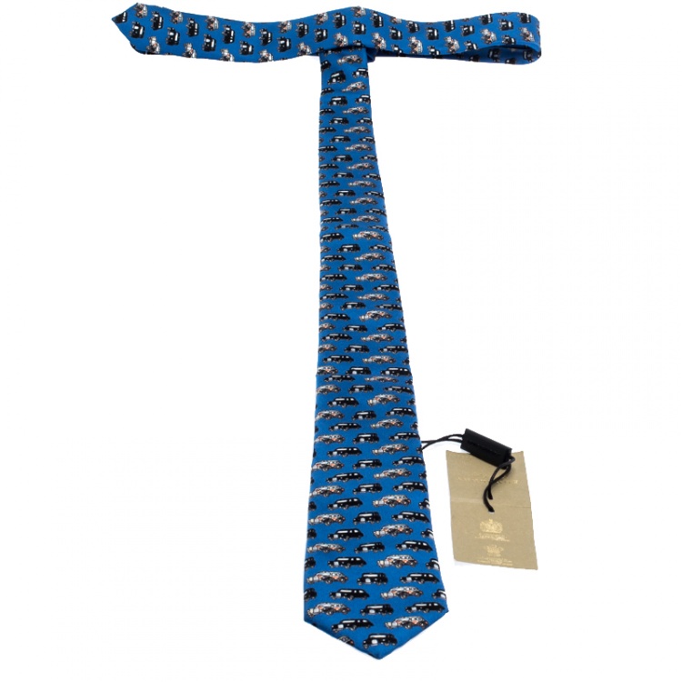 Pre Owned Burberry Hydrangea Blue Vintage Cars Print Silk Narrow Tie