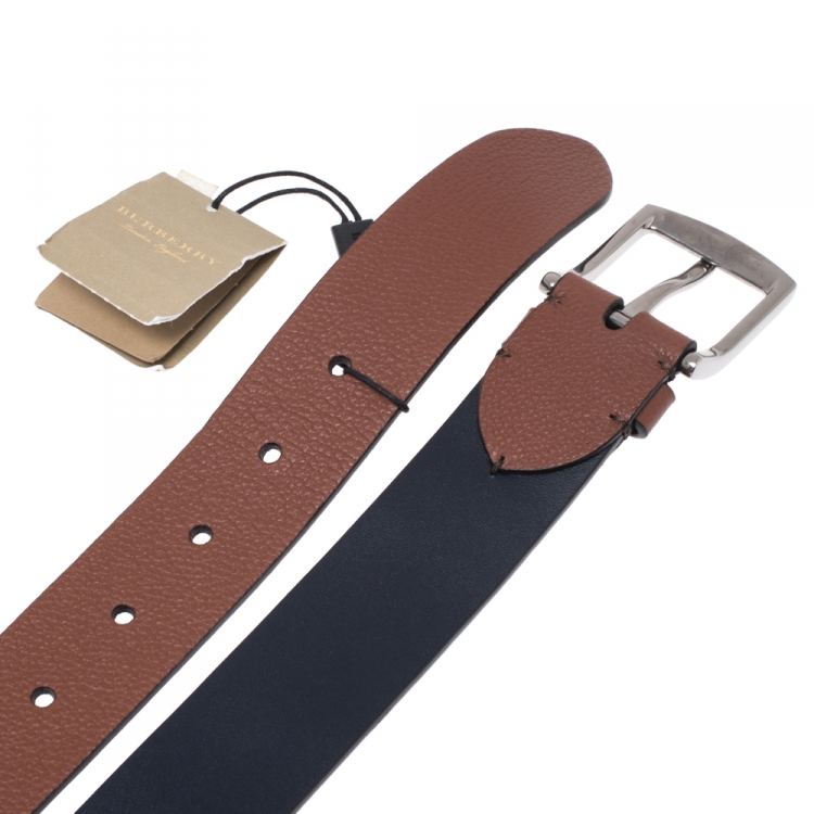 Pre Owned Burberry Russet Brown Leather Gray 35 Belt 90CM