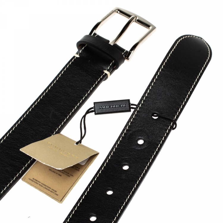 Pre Owned Burberry Black Leather Gray35 Buckle Belt 90CM