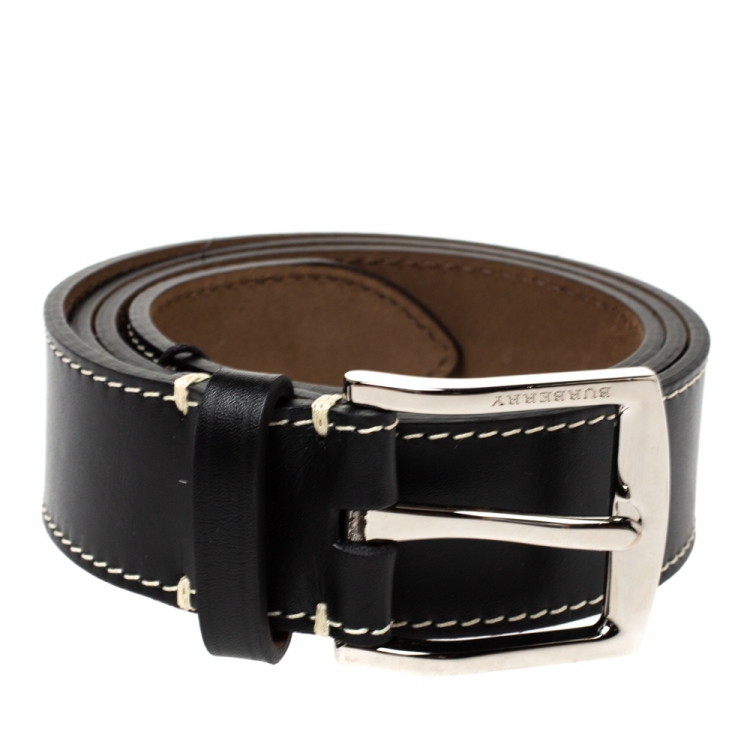 Pre Owned Burberry Black Leather Gray35 Buckle Belt 90CM