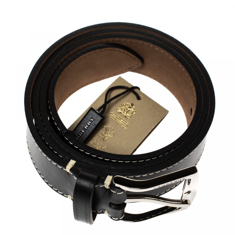 Pre Owned Burberry Black Leather Gray35 Buckle Belt 90CM