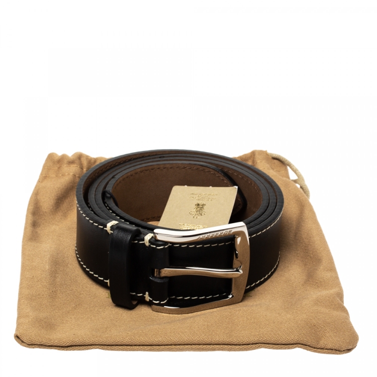 Pre Owned Burberry Black Leather Gray35 Buckle Belt 90CM